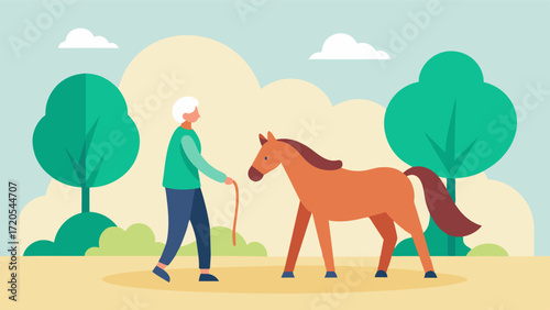 A senior citizen walking through a park with their emotional support animal a gentle and patient therapy horse providing a sense of calm and purpose in their life.. Vector illustration