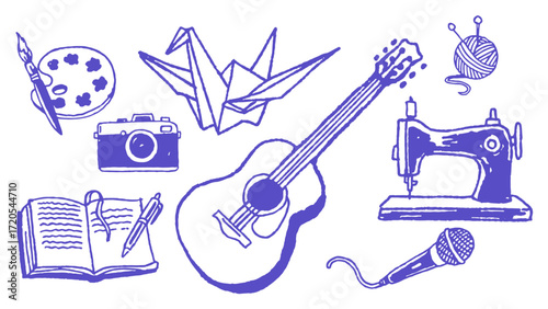 Collection of hobby-related illustrations: origami, guitar, sewing machine, painting, writing, knitting, and photography.