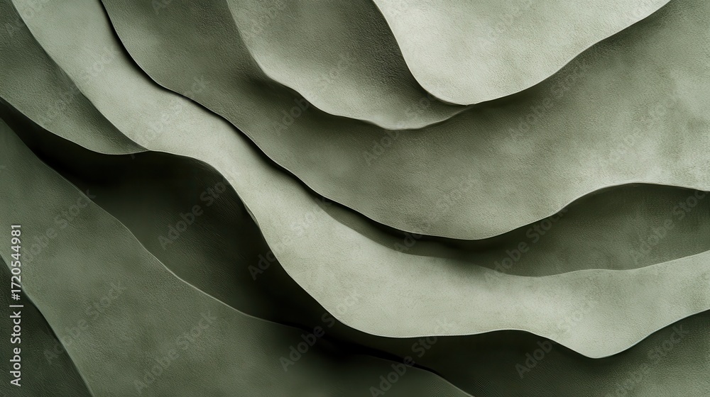 Obraz premium Abstract olive green wavy textured layers background image. It works as a soft and calming modern backdrop.