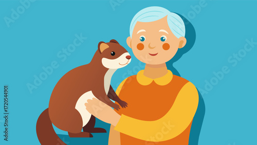 A senior citizen with an emotional support animal a therapy ferret helping to alleviate symptoms of social anxiety and providing a source of comfort during social interactions.. Vector illustration
