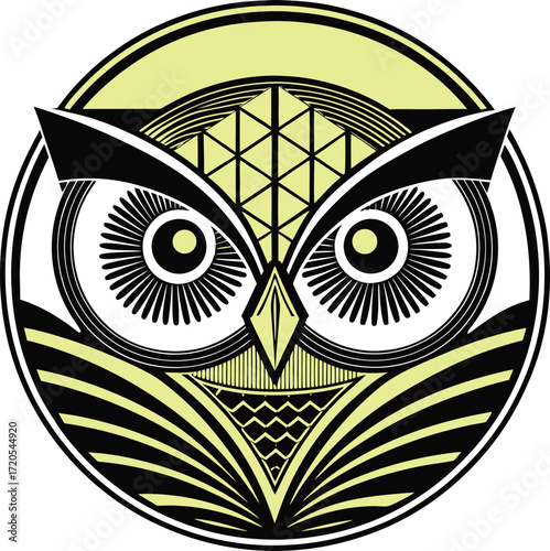 Bold geometric owl emblem with striking yellow and black symmetry, ideal for logos, tattoos, modern decor and apparel. Perfect for owl lovers seeking sharp, mystical and iconic design style.