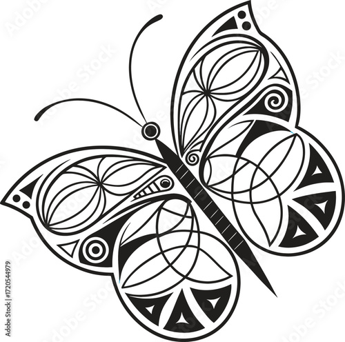 Elegant black and white butterfly line art with tribal and mandala patterns. Perfect for tattoos, coloring pages, logos, wall art, prints, stickers, and minimalist designs.