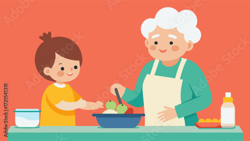 A grandmother teaching her grandchild how to cook a family recipe creating new memories and passing down traditions.. Vector illustration