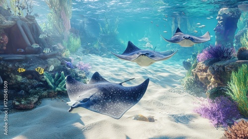 Wallpaper Mural Underwater Paradise: Majestic Stingrays Grace a Vibrant Coral Reef Torontodigital.ca