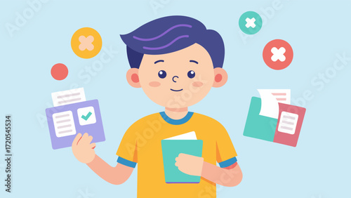A child handing out flyers with information on how to recognize early signs of Alzheimers and how to decrease the risk of developing it.. Vector illustration