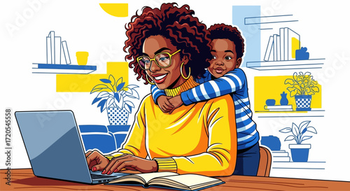 Working Mother with Child, Juggling Career and Family Life at Home, Remote Work Challenge, Mom on Laptop with Son Hugging Her in a Home Office
