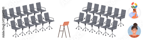 Lone orange chair stands opposite organized rows of gray office chairs three diverse floating portraits evoke individuality, teamwork, leadership, collaboration, inclusion, decision making