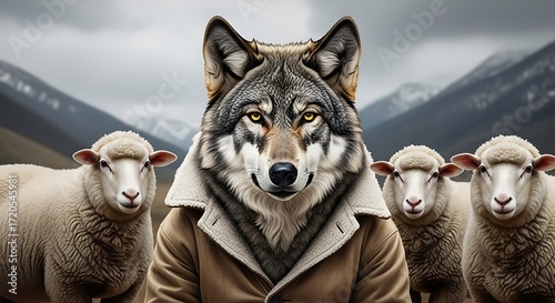 A wolf in sheep's clothing, a striking image of a wolf in a tan coat amongst sheep, conveying a sense of deception and scrutiny in a pastoral setting.