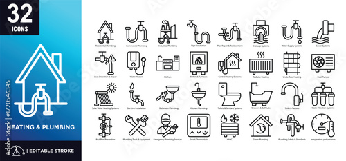 Heating And Plumbing line icon set