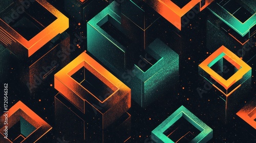Wallpaper Mural Abstract Geometric Composition:  Interlocking Orange and Teal Cubes in a Dark Space Torontodigital.ca