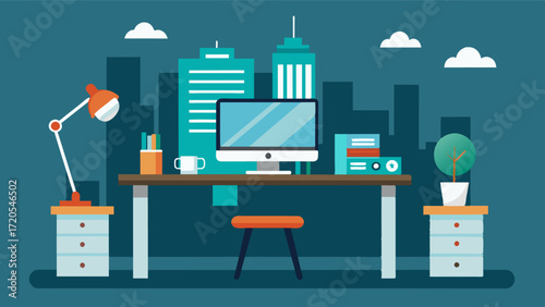 A sleek multifunctional desk setup that seamlessly combines traditional office elements with a touch of urban design.. Vector illustration
