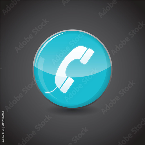 Telephone Icon on shiny aqua blue sphere. Symbol Vector. Illustration of shiny blue circle. design concepts