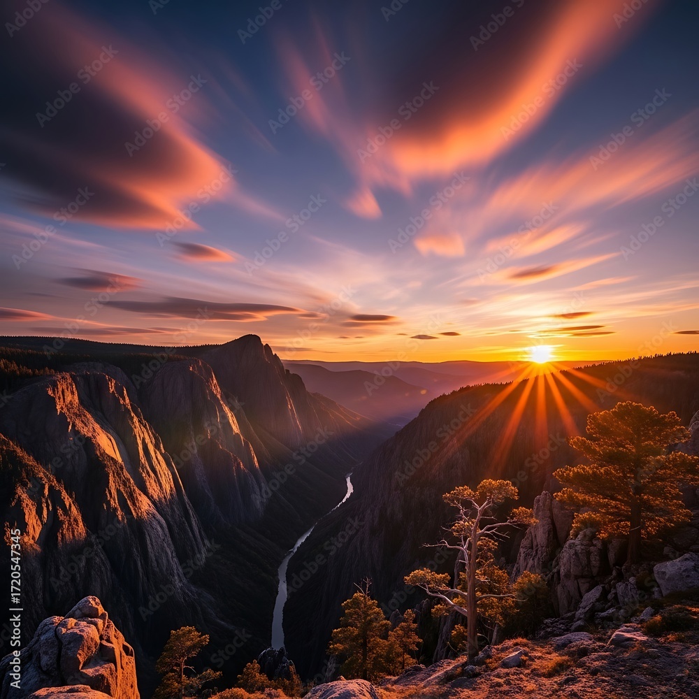 Fototapeta premium A breathtaking vista of a canyon at sunset, showcasing dramatic mountain ranges and a winding river, bathed in warm golden light.