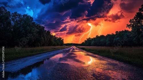 Wallpaper Mural Spectacular Lightning Storm Over Country Road Torontodigital.ca