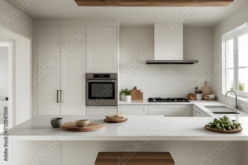 Modern kitchen design with bright white countertops and cabinetry offers a clean, minimalist aesthetic perfect for contemporary living and stylish cooking