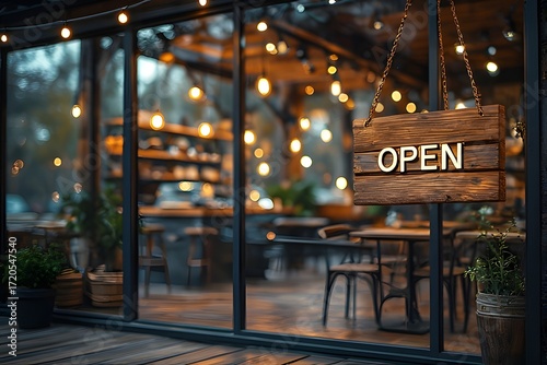 Warmly inviting open sign welcomes guests to a cozy restaurant with soft lighting and charming decor, perfect for a relaxing evening out