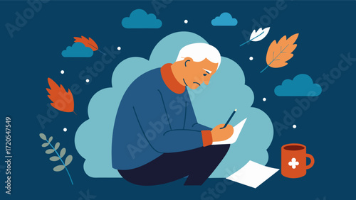 A senior living with depression finding solace and expression through poetry. Through the use of words and creativity they are able to express their emotions and connect with. Vector illustration