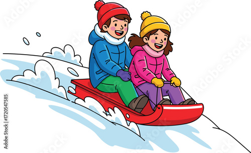 Smiling children sledding downhill together, winter outdoor fun, happy boy and girl enjoying snow ride on red sled, cartoon illustration