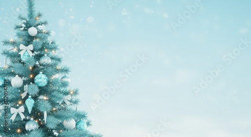 A beautifully decorated Christmas tree with blue and white ornaments and soft falling snow.