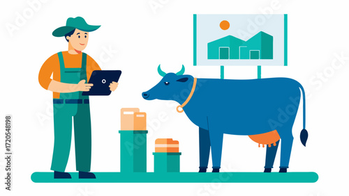 A rancher implements a precision feeding plan for their cattle strategically adjusting nutrient levels based on the livestocks weight and body condition score.. Vector illustration