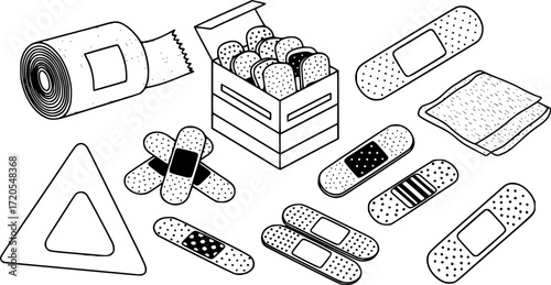 Black and white vector illustration of medical bandages and band aids

