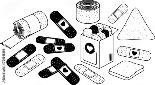 Black and white vector illustration of medical bandages and band aids
