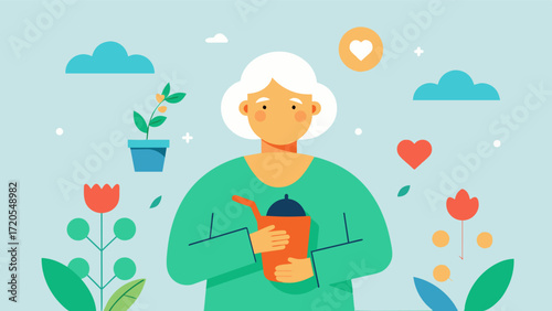 A quote from an elderly person who has found comfort and healing in gardening therapy expressing how it has positively impacted their mental and emotional wellbeing.. Vector illustration