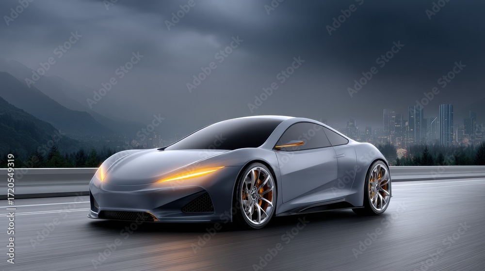 Fototapeta premium An Electric Vehicle Journeying on a Scenic Highway with a Glorious City Skyline: A Vision of Future Mobility and Urban Life