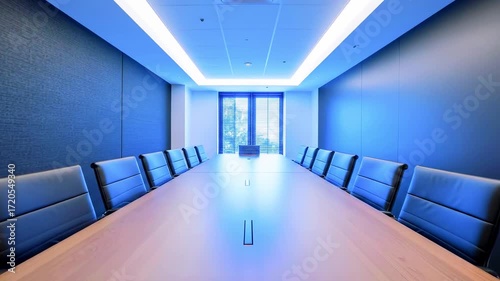 Modern conference room with a long wooden table, black chairs, and large windows overlooking greenery