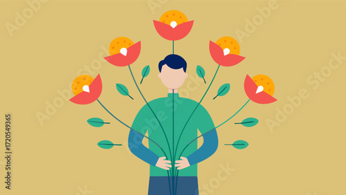 A person holding a bouquet of flowers each stem labeled with a different affirmation to remind them of the beauty within.. Vector illustration