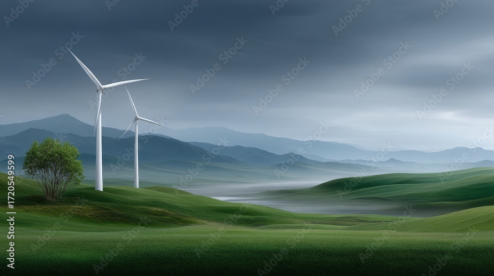 Obraz premium Exploring the Beauty of Wind Turbines Against a Vibrant Green Landscape Under a Bright Blue Sky