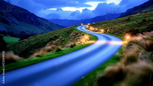 Serene winding road through lush green hills at twilight with dramatic clouds in the background