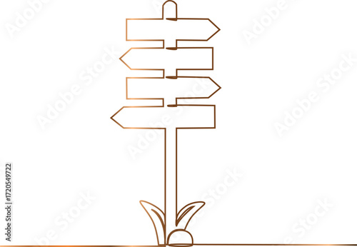One Continuous line drawing of Road direction signpost arrows to the right and left and plate.Vector illustration for web banner, design template, postcard