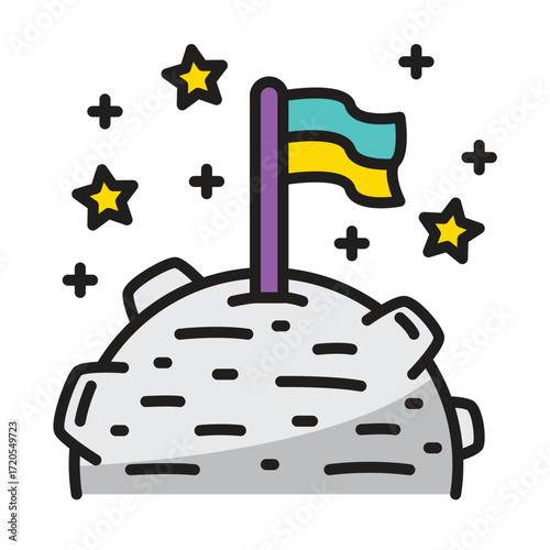 A flag on a moon rock with stars and crosses in space