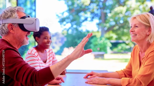 Engaging virtual reality experience with a man interacting with a woman while others observe outdoors