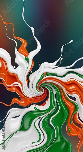 Dynamic swirling paint splashes of vibrant orange, white, and green colors create an abstract design, resembling a powerful explosion of color.