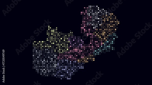 Zambia animated country shape. Pulsating colored dots on the map of the country. Small size rounded square blocks. Digital style Zambia map on dark background. Vibrant animation video.
