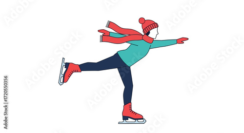 A person in winter clothing ice skating with one leg extended behind them and arms outstretched.
