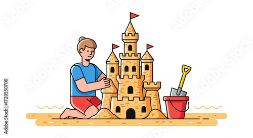 A young boy is kneeling on the sand, building a large sandcastle with a bucket and shovel nearby.