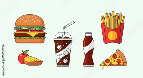 A delicious assortment of fast food items including a burger, pizza, fries, and a soft drink, ideal for graphic design