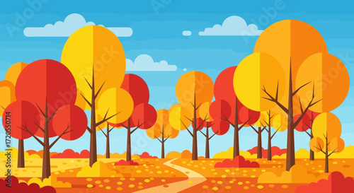 Vibrant autumn forest landscape with a winding path through colorful fall foliage under a clear blue sky, capturing the serene beauty of the season in a charming flat design illustration