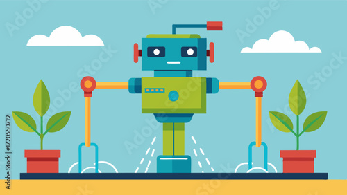 A robot with a builtin irrigation system capable of precisely watering each plant based on their individual needs.. Vector illustration
