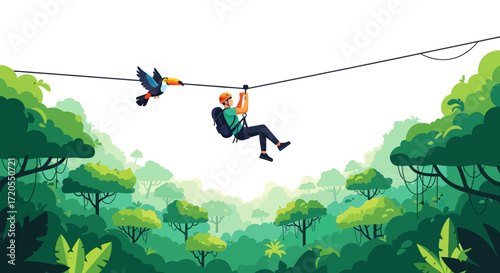 Person on a zipline through a lush green jungle with a toucan flying nearby.