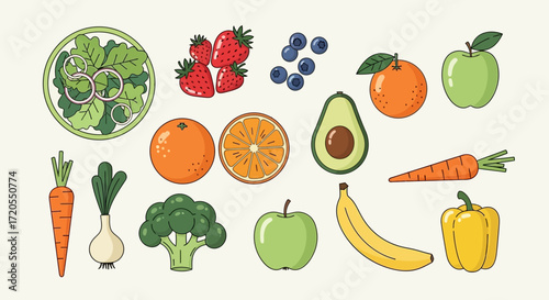 Diverse Collection of Fresh, Healthy Fruits and Vegetables Showcasing Nature's Bounty for Wholesome Eating and Balanced Nutrition