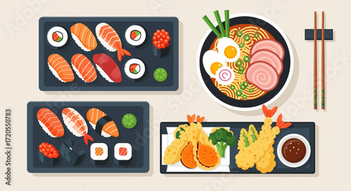 Delicious Japanese Sushi and Ramen Meal Set, Accompanied by Tempura and Dipping Sauce, A Culinary Journey
