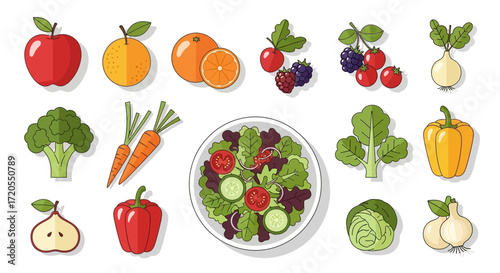 Healthy Food Assortment Fresh Fruits, Vegetables, and Salad for a Balanced Diet