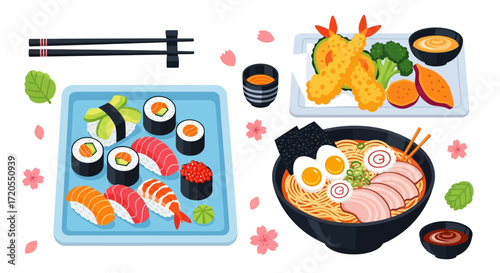 Japanese Cuisine Sushi, Ramen, and Tempura Illustration