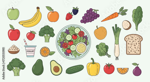 A vibrant and comprehensive collection of fresh, nutritious fruits, vegetables, grains, and wholesome food elements, ideal for illustrating healthy eating, balanced diets, and well-being concepts