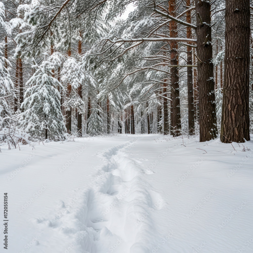 Fototapeta premium Snowy Forest Path in Winter Wonderland.