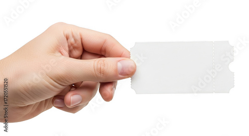 A hand holds a blank white ticket with perforated edges against a transparent background